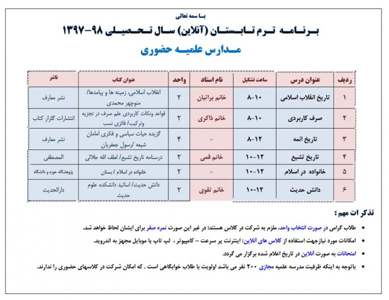 برنامه ترم تابستان